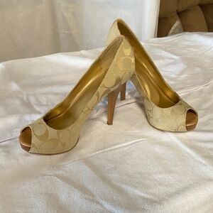 Coach Beige Signature Peep Toe High Heels